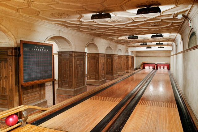 The bowling alley was built in 1914 (costing Frick $850) and is closed off to the public because there is only one exit (which is against city fire codes).
